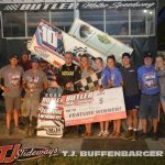 Jason Blonde with his family and crew in victory lane at Butler Motor Speedway. (T.J. Buffenbarger Photo)