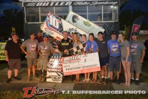 Jason Blonde with his family and crew in victory lane Saturday at Butler Motor Speedway. (T.J. Buffenbarger Photo)