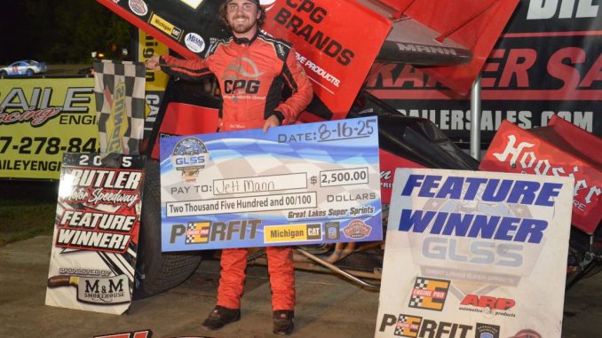 Jett Mann in victory lane at Butler Motor Speedway after winning the Great Lakes Super Sprints feature. (T.J. Buffenbarger Photo)