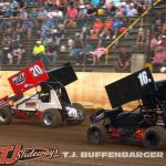 Andy Chehowski (#20A) and Ty Williams (#16B) racing for position Saturday at Butler Motor Speedway. (T.J. Buffenbarger Photo)