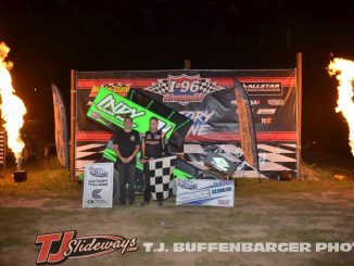 Parker Price-Miller with car owner Bernie Stuebgen after winning the All Star Circuit of Champions feature at I-96 Speedway. (T.J. Buffenbarger Photo)