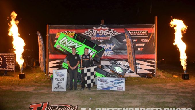 DSC_3271 Parker Price-Miller with car owner Bernie Stuebgen after winning the All Star Circuit of Champions feature at I-96 Speedway. (T.J. Buffenbarger Photo)
