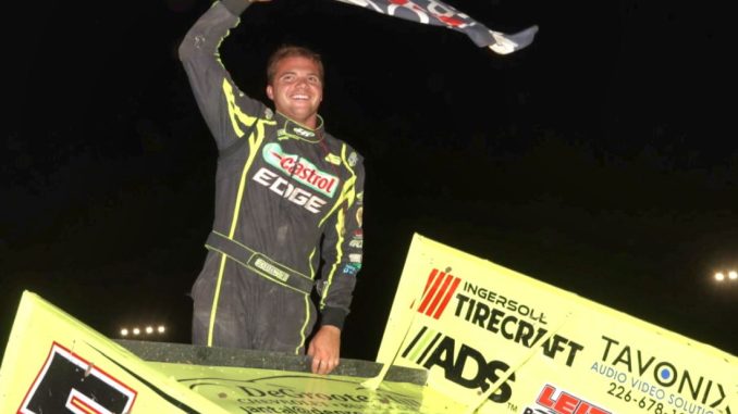 IMG_2995 D.J. Christie celebrating his feature victory Saturday at Southern Ontario Speedway. (Jim Denhamer Photo)