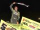D.J. Christie celebrating his feature victory Saturday at Southern Ontario Speedway. (Jim Denhamer Photo)