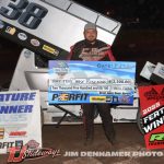 Chase Ridenour after his feature victory Friday at Tri-City Motor Speedway. (Jim Denhamer Photo)