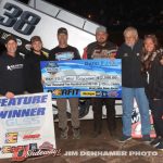 Chase Ridenour after his feature victory Friday at Tri-City Motor Speedway. (Jim Denhamer Photo)