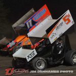 Jared Horstman (#17) racing with Steve Irwin (#5m) Friday at Tri-City Motor Speedway. (Jim Denhamer Photo)