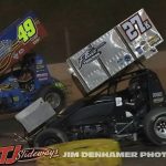 Brian Ruhlman (#49) racing with Zac Broughmam (#27k) Friday at Tri-City Motor Speedway. (Jim Denhamer Photo)
