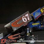 Kevin Martens (#67) racing with Andy Teunessen (#13) Friday at Tri-City Motor Speedway. (Jim Denhamer Photo)