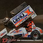 Chase Ridenour (#38) racing with Mike Keegan (#X) Friday at Tri-City Motor Speedway. (Jim Denhamer Photo)