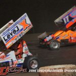 Jared Horstman (#17) racing with Mike Keegan (#X) Friday at Tri-City Motor Speedway. (Jim Denhamer Photo)