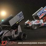 Chase Ridenour (#38) racing with Mike Keegan (#X) Friday at Tri-City Motor Speedway. (Jim Denhamer Photo)