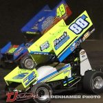 Brian Ruhlman (#49) racing with Frank Neill (#88) Friday at Tri-City Motor Speedway. (Jim Denhamer Photo)