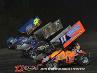 Brian Ruhlman (#49), Dustin Daggett (#85), and Jared Horstman (#17) racing three wide Friday at Tri-City Motor Speedway. (Jim Denhamer Photo)