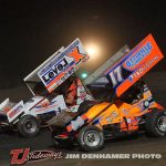 Mike Keegan (#X) racing with Jared Horstman (#17) Friday at Tri-City Motor Speedway. (Jim Denhamer Photo)