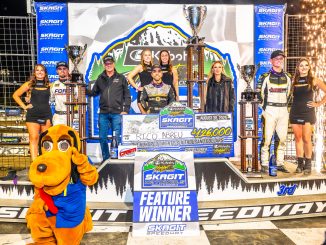 (L to R) Second place Justin Peck, winner Rico Abreu, and third place Daison Pursley after the finale of the Skagit Nationals at Skagit Speedway. (Image courtesy of Skagit Speedway)