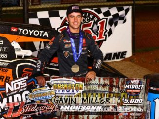 Allentown, Pennsylvania's Gavin Miller captured the victory in Friday night's USAC NOS Energy Drink Midget National Championship feature at Indiana's Bloomington Speedway. (Rich Forman Photo)