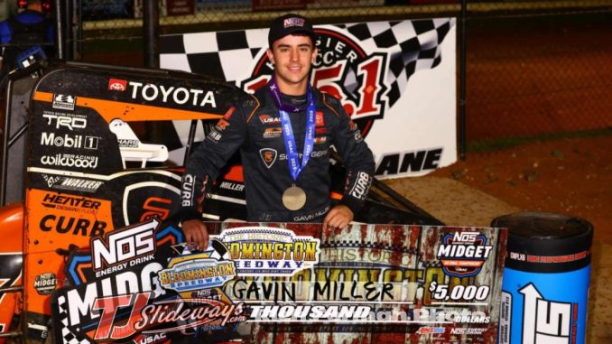 Allentown, Pennsylvania's Gavin Miller captured the victory in Friday night's USAC NOS Energy Drink Midget National Championship feature at Indiana's Bloomington Speedway. (Rich Forman Photo)