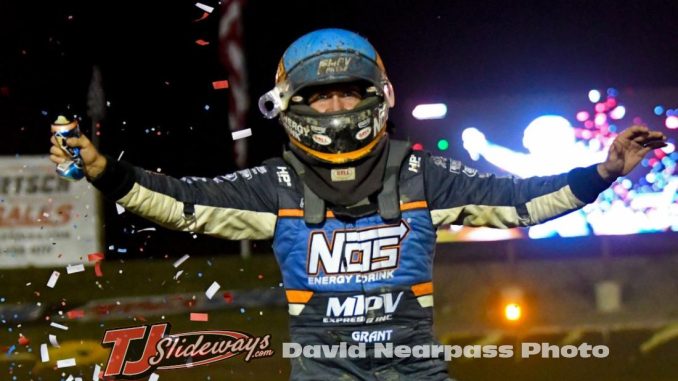 Justin Grant celebrates his 64th career USAC AMSOIL National Sprint Car win, and his 10th of the year, on Friday night at Indianapolis, Indiana's Circle City Raceway. (David Nearpass Photo)