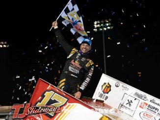 Bill Balog after winning the feature Saturday night at Perris Auto Speedway with the World of Outlaws. (Devon Mayo Photo)