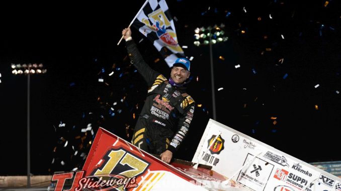 Bill Balog after winning the feature Saturday night at Perris Auto Speedway with the World of Outlaws. (Devon Mayo Photo)