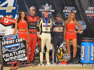 (l to r) Second place Kyle Cummins, winner Daison Pursley, and third place Kevin Thomas Jr. after the USAC National Sprint Car Series portion of the 4-Crown Nationals at Eldora Speedway. (l to r) Second place Kyle Cummins, winner Daison Pursley, and third place Kevin Thomas Jr. after the USAC National Sprint Car Series portion of the 4-Crown Nationals at Eldora Speedway. (T.J Buffenbarger Photo))