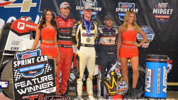 (l to r) Second place Kyle Cummins, winner Daison Pursley, and third place Kevin Thomas Jr. after the USAC National Sprint Car Series portion of the 4-Crown Nationals at Eldora Speedway. (l to r) Second place Kyle Cummins, winner Daison Pursley, and third place Kevin Thomas Jr. after the USAC National Sprint Car Series portion of the 4-Crown Nationals at Eldora Speedway. (T.J Buffenbarger Photo))