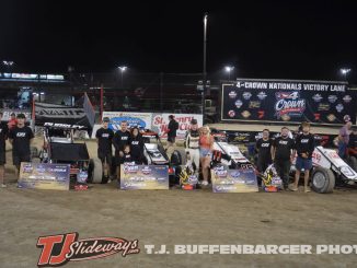 Daison Pursley with Chad Boat Racing team after winning four of the five features during the 4-Crown Nationals weekend at Eldora Speedway. (T.J. Buffenbarger Photo)