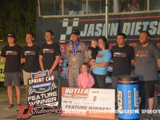 Kyle Cummins with his family and crew in victory lane at Butler Motor Speedway. (T.J. Buffenbarger Photo)