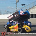 Jimmy McCune (#88) racing with Jason Blonde (#42) Sunday at Owosso Speedway. (T.J. Buffenbarger Photo)
