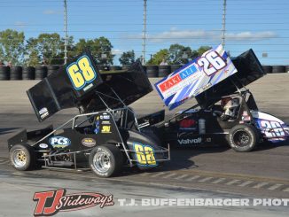 Joe Ligouri (#68) racing with Tory DeCaire (#26) Sunday at Owosso Speedway. (T.J. Buffenbarger Photo)
