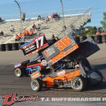 Andrew Bogusz (#17) racing with J.J. Henes (#36) Sunday at Owosso Speedway. (T.J .Buffenbarger Photo)