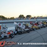 Cars lined up for driver intros Sunday at Owosso Speedway. (T.J. Buffenbarger Photo)