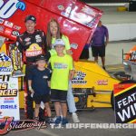 Kody Swanson and his family after winning the Must See Racing feature Sunday night at Owosso Speedway. (T.J. Buffenbarger Photo)