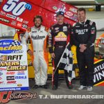 (L to R) Second place Aaron Willison, winner Kody Swanson, and third place Troy DeCaire following the Must See Racing feature Sunday night at Owosso Speedway. (T.J. Buffenbarger Photo)