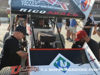 Rico Abreu's crew working on tuning during engine heat at Eldora Speedway. (T.J. Buffenbarger Photo)