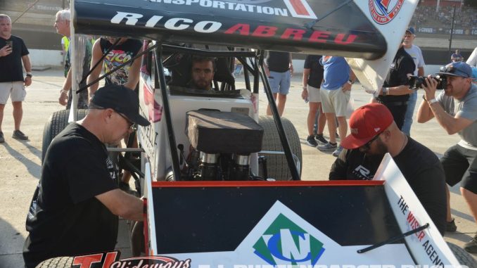Rico Abreu's crew working on tuning during engine heat at Eldora Speedway. (T.J. Buffenbarger Photo)