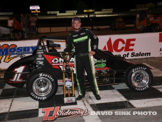 Dakota Armstrong after his feature victory Saturday night at Salem Speedway. (David Sink Photo)