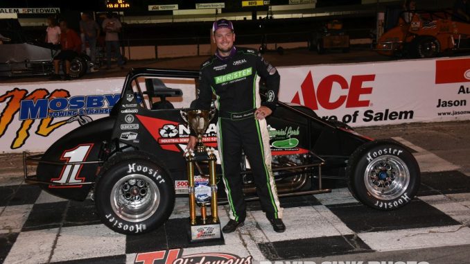 DSC_9504 Dakota Armstrong after his feature victory Saturday night at Salem Speedway. (David Sink Photo)