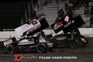 Sam Hafertepe Jr. (#15H) racing with Cam Martin (#4) Saturday at 81 Speedway. (Tyler Carr Photo)