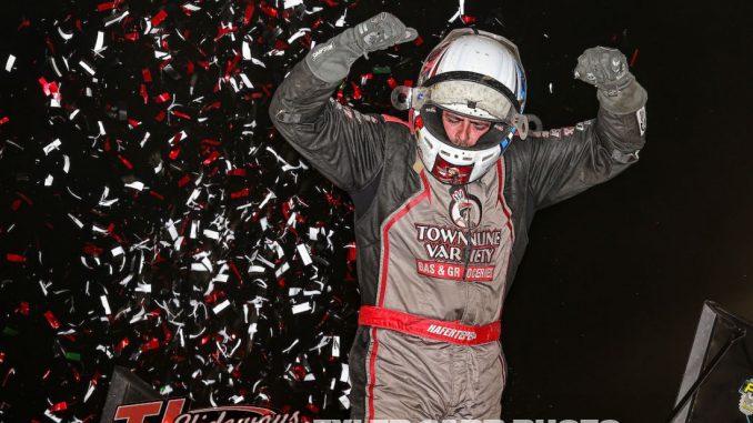 Sam Hafertepe Jr. celebrating his victory Saturday at 81 Speedway. (Tyler Carr Photo) Sam Hafertepe Jr. celebrating his victory Saturday at 81 Speedway. (Tyler Carr Photo)
