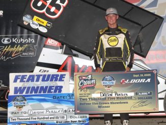 Daison Pursley after winning the GLSS feature at Eldora Speedway. (Jim Denhamer Photo)