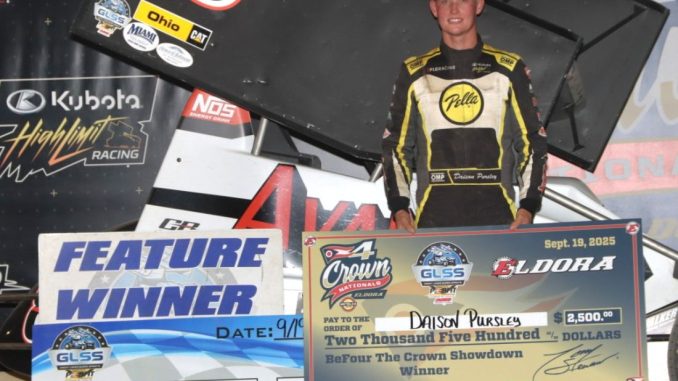 Daison Pursley after winning the GLSS feature at Eldora Speedway. (Jim Denhamer Photo)