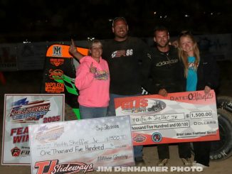 Keith Sheffer II in victory lane with his family after winning the GLTS feature Friday at Millstream Speedway. (Jim Denhamer Photo)
