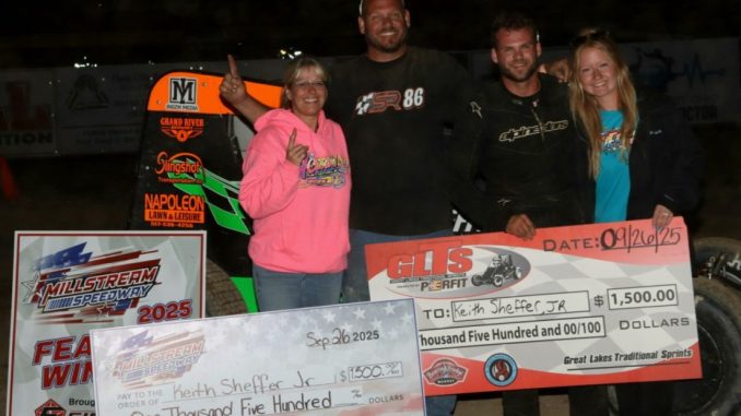 Keith Sheffer II in victory lane with his family after winning the GLTS feature Friday at Millstream Speedway. (Jim Denhamer Photo)