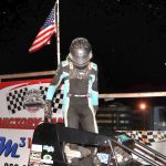 Max Frank celebrating his feature victory Saturday at Silver Bullet Speedway. (Jim Denhamer Photo)