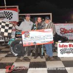 Max Frank with his family and crew in victory lane Saturday night at Silver Bullet Speedway with the Great Lakes Traditional Sprints. (Jim Denhamer Photo)