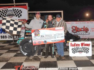 Max Frank with his family and crew in victory lane Saturday night at Silver Bullet Speedway. (Jim Denhamer Photo)