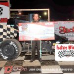 Max Frank in victory lane Saturday night at Silver Bullet Speedway with the Great Lakes Traditional Sprints. (Jim Denhamer Photo)