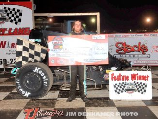 Max Frank after winning the GLTS feature Saturday at Silver Bullet Speedway. (Jim Denhamer Photo)